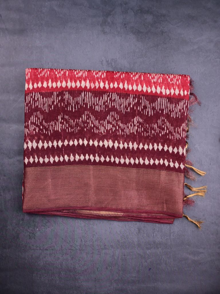 Chanderi cotton saree crimson and maroon color allover prints & zari border with zari pallu and contrast printed blouse