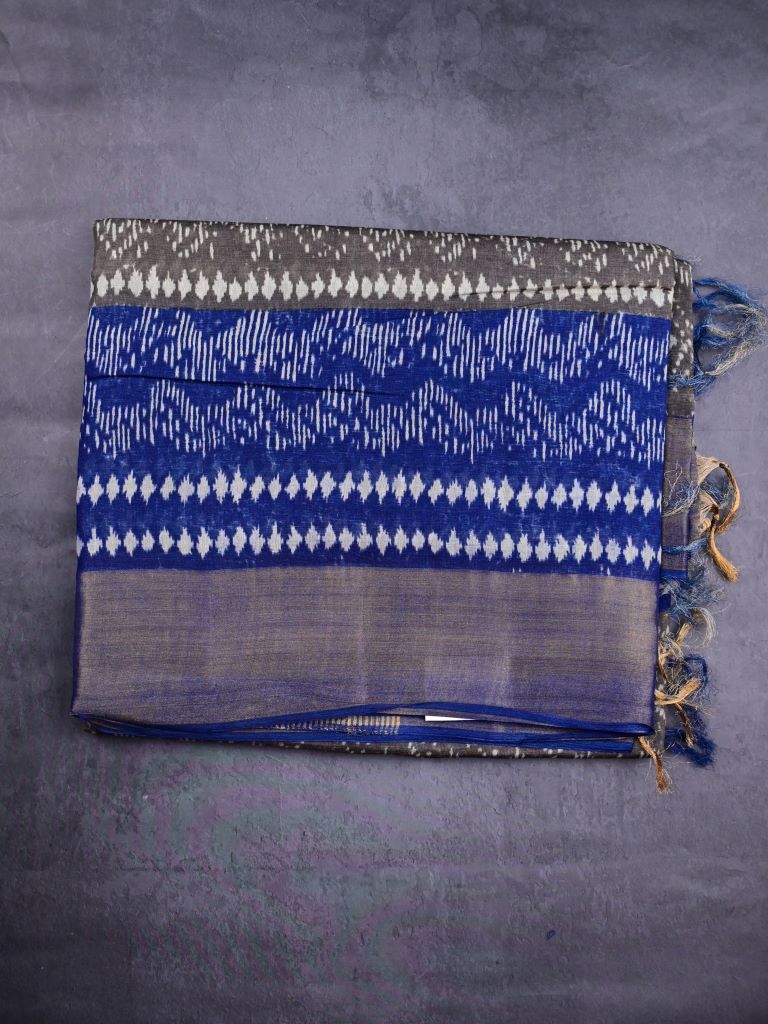 Chanderi cotton saree grey and blue color allover prints & zari border with zari pallu and contast printed blouse