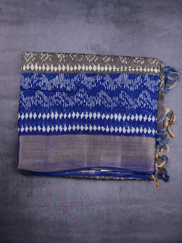 Chanderi cotton saree grey and blue color allover prints & zari border with zari pallu and contast printed blouse