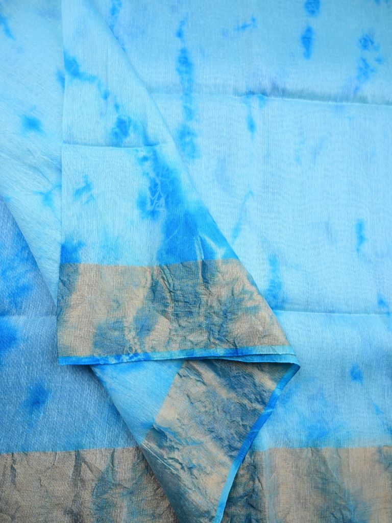 Bhagalpur fancy saree sky blue color allover shibori prints & small kaddi border with contrast pallu and plain blouse