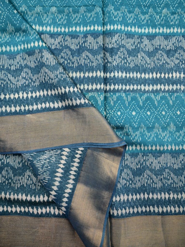 Chanderi cotton saree cyan blue color allover prints & zari border with zari pallu and contrast printed blouse