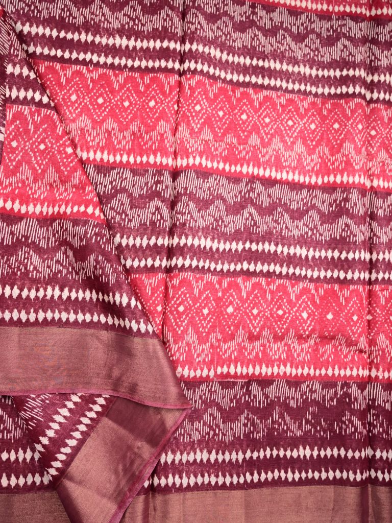 Chanderi cotton saree crimson and maroon color allover prints & zari border with zari pallu and contrast printed blouse