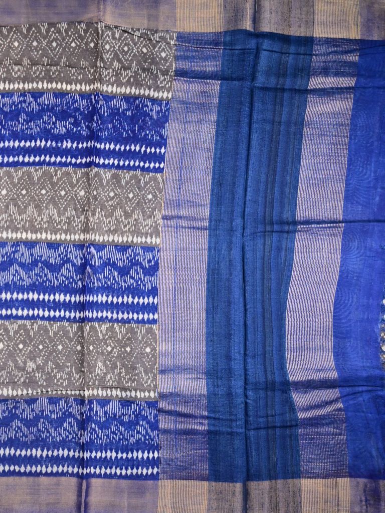 Chanderi cotton saree grey and blue color allover prints & zari border with zari pallu and contast printed blouse