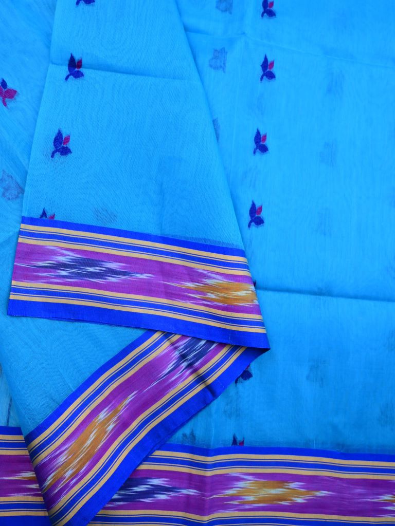 Khadhi cotton saree sky blue color allover butis & ikkath border with ikkath pallu and contrast plain blouse