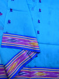 Khadhi cotton saree sky blue color allover butis & ikkath border with ikkath pallu and contrast plain blouse