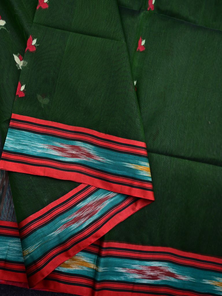 Khadhi cotton saree bottle green color allover butis & ikkath border with ikkath pallu and contrast plain blouse