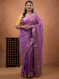 Organza fancy saree purple color allover weaves & zari border with short pallu and plain contrast blouse