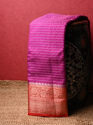 Banaras fancy saree magenta pink color with allover zari stripes & zari border with contrast brocade pallu and blouse