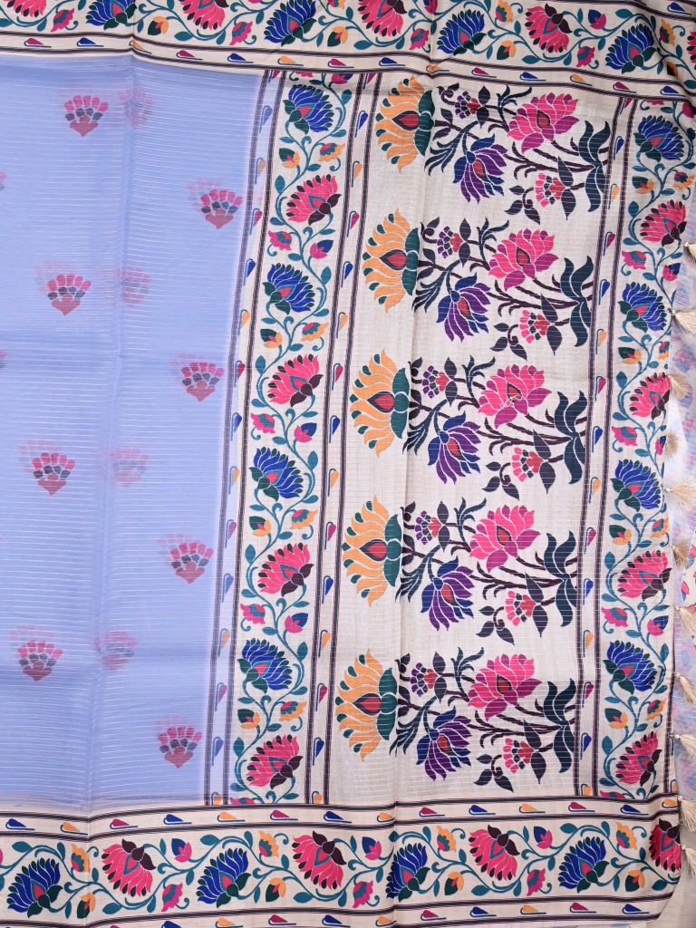 Soft organza fancy saree lavender color allover prints & printed border with printed pallu and printed blouse