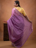 Organza fancy saree purple color allover weaves & zari border with short pallu and plain contrast blouse