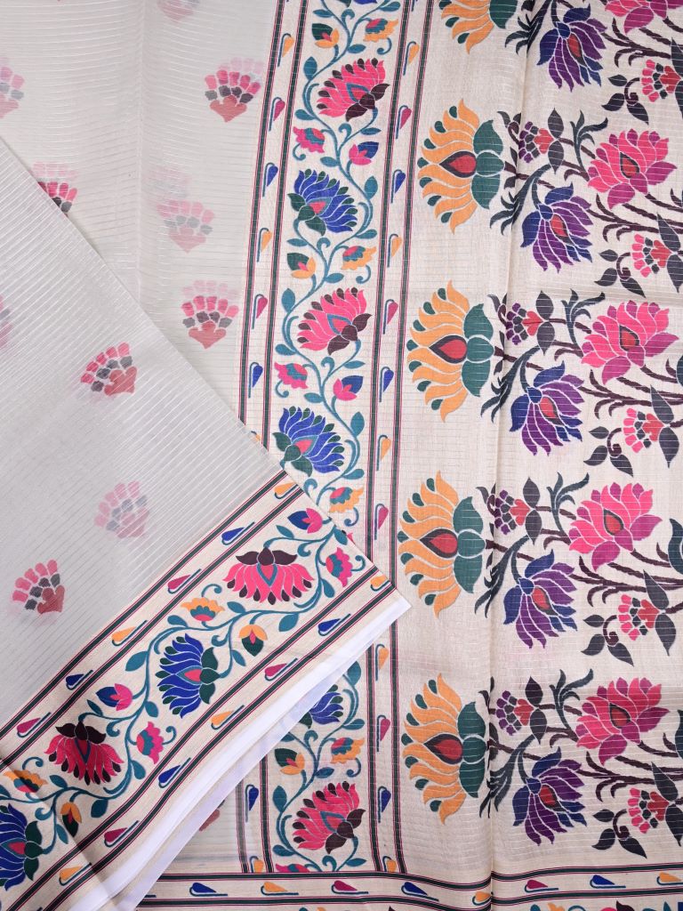 Soft organza fancy saree cream color allover prints & printed border with printed pallu and printed blouse