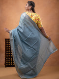 Organza fancy saree light blue color allover weaves & zari border with short pallu and plain contrast blouse