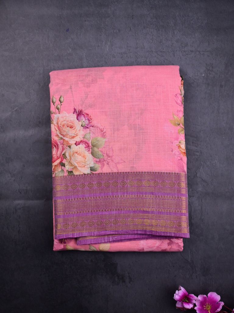 Mangalagiri cotton sarees baby pink color allover prints & zari border with striped pallu and printed blouse