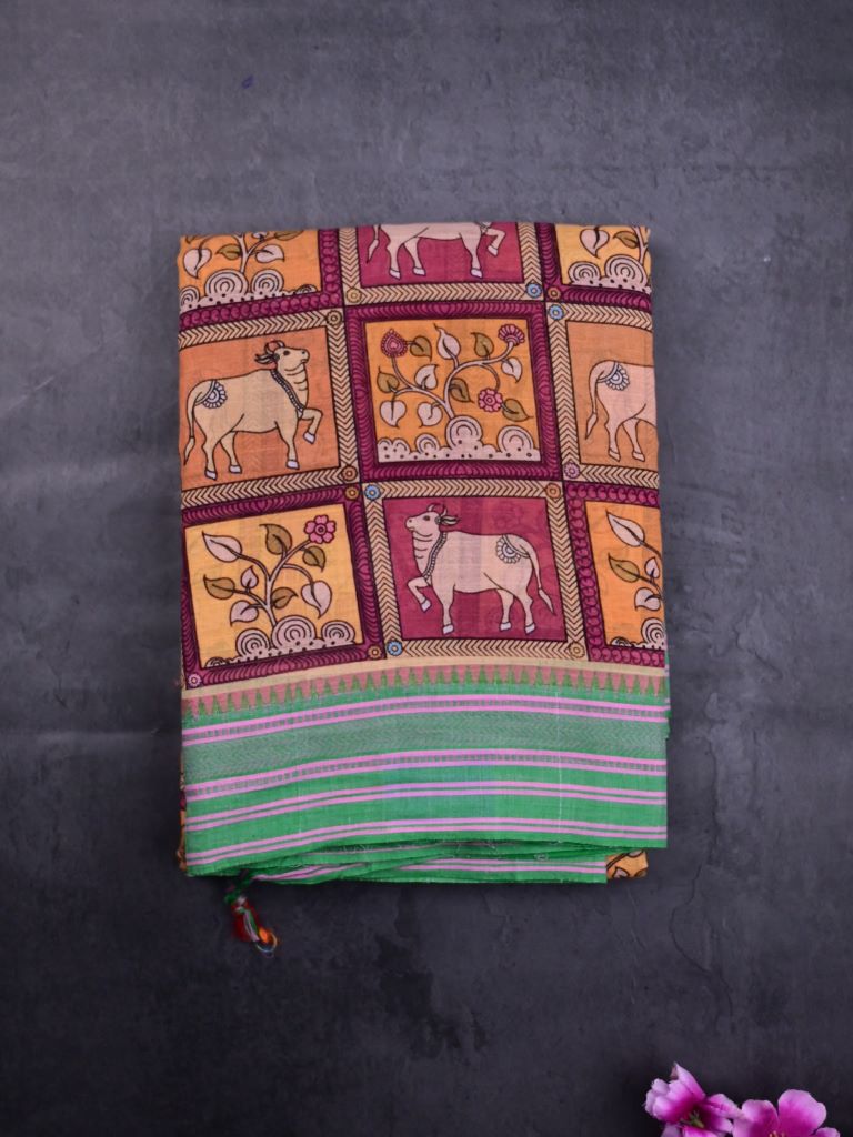 Mangalagiri cotton sarees golden yellow color allover prints & thread weaving border with striped pallu and plain blouse