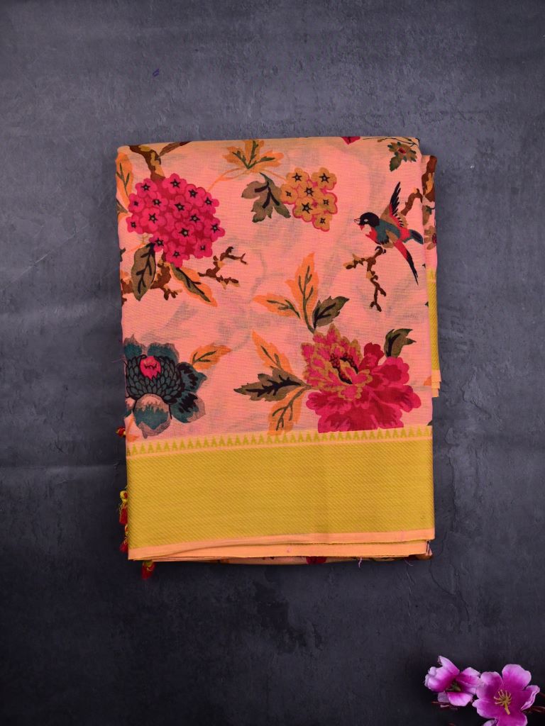 Mangalagiri cotton sarees light orange color allover prints & thread weaving border with striped pallu and plain blouse