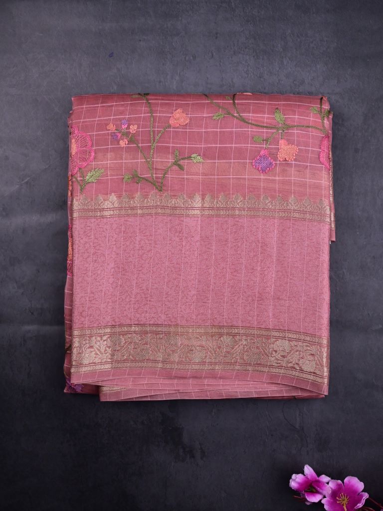 Pure organza fancy saree rose pink color allover zari weaves & kaddi border with short pallu and attached plain blouse