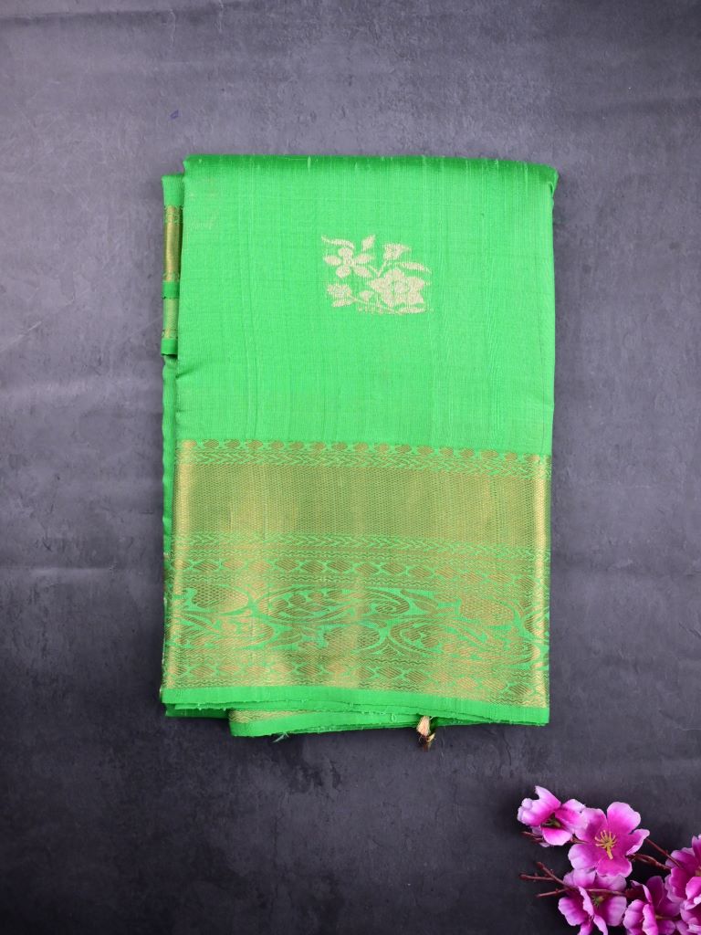 Raw silk pattu saree parrot green color allover zari weaves & zari border with rich pallu and plain blouse