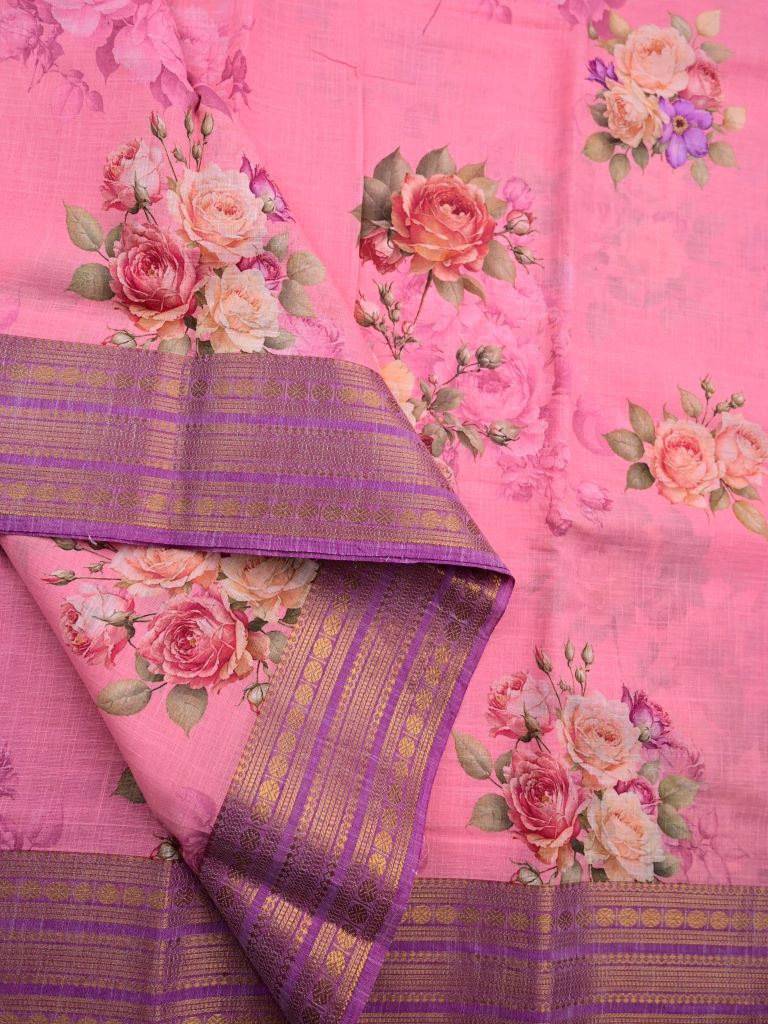 Mangalagiri cotton sarees baby pink color allover prints & zari border with striped pallu and printed blouse