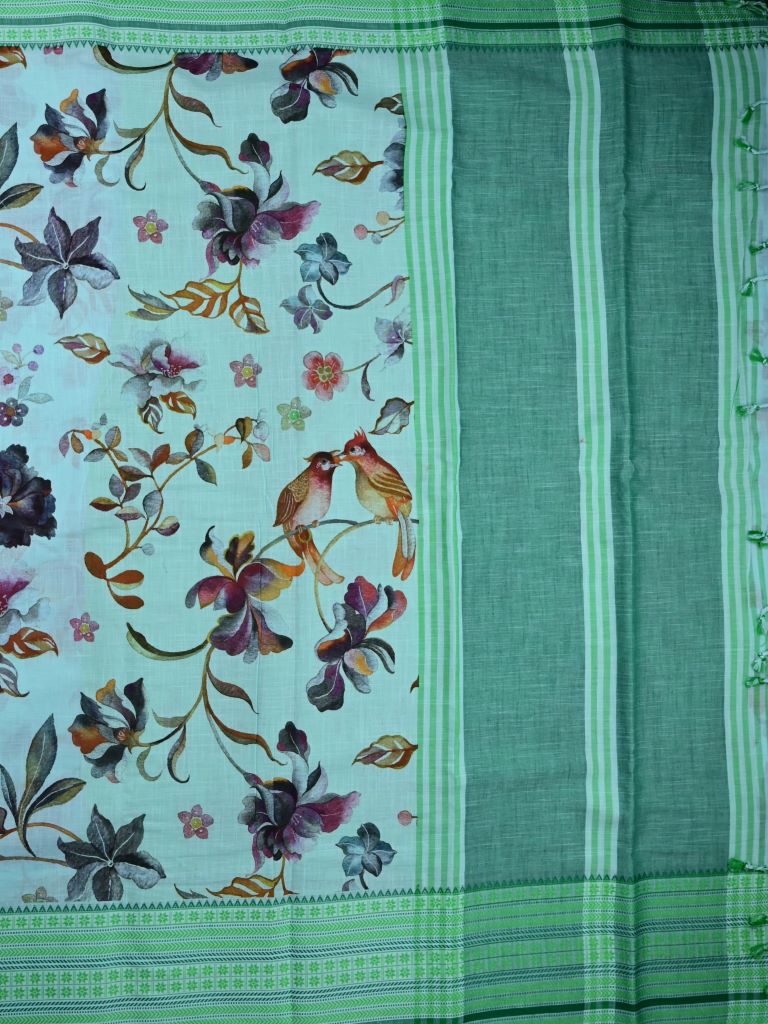 Mangalagiri cotton sarees sky blue and green color allover prints & thread weaving border with striped pallu and plain blouse