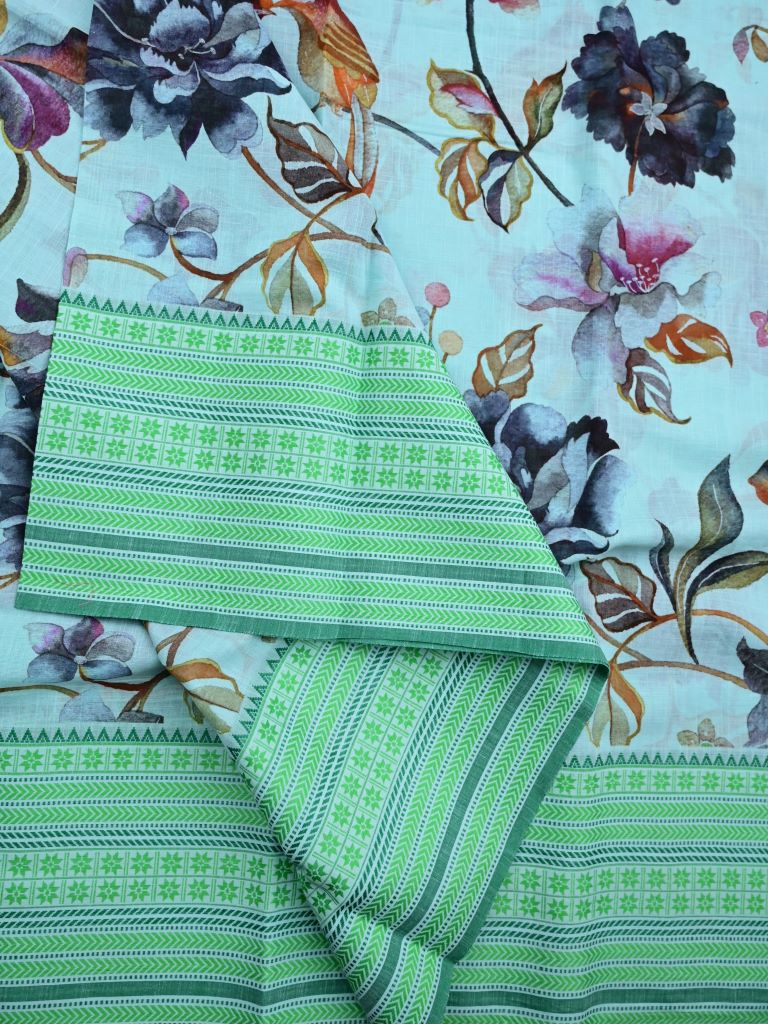 Mangalagiri cotton sarees sky blue and green color allover prints & thread weaving border with striped pallu and plain blouse