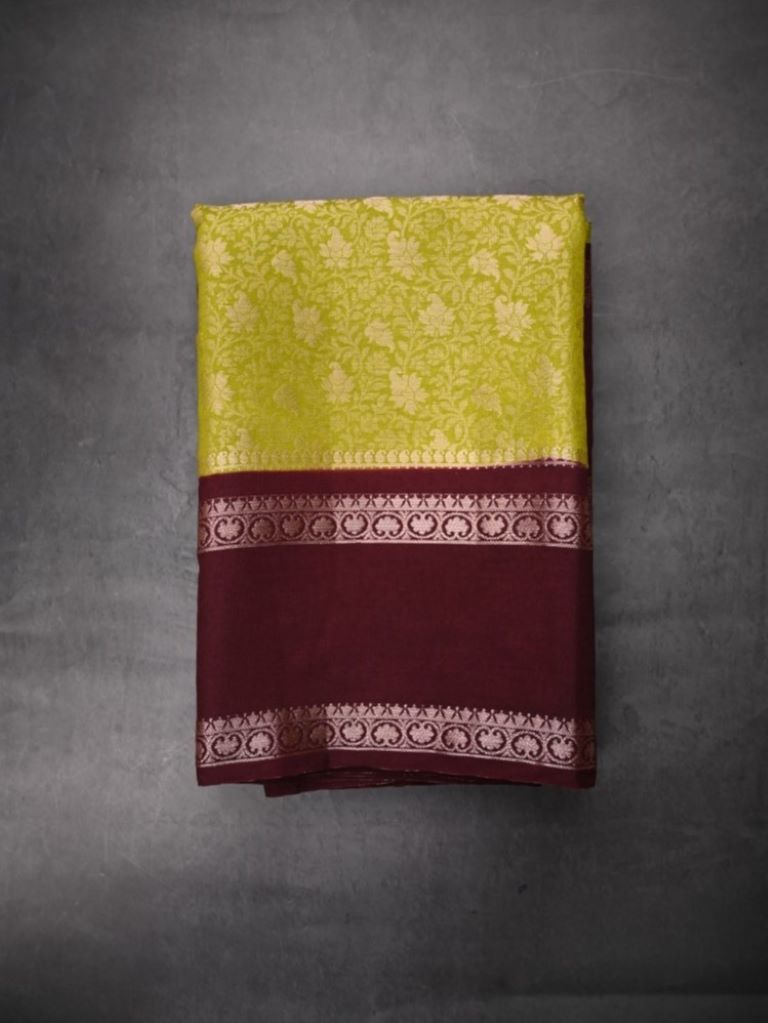 Banaras fancy saree leaf green color allover zari weaving & zari kaddi border with contrast brocade pallu and blouse