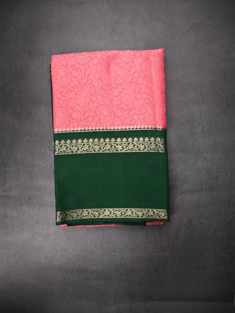 Banaras fancy saree peach color allover zari weaving & zari kaddi border with contrast brocade pallu and blouse