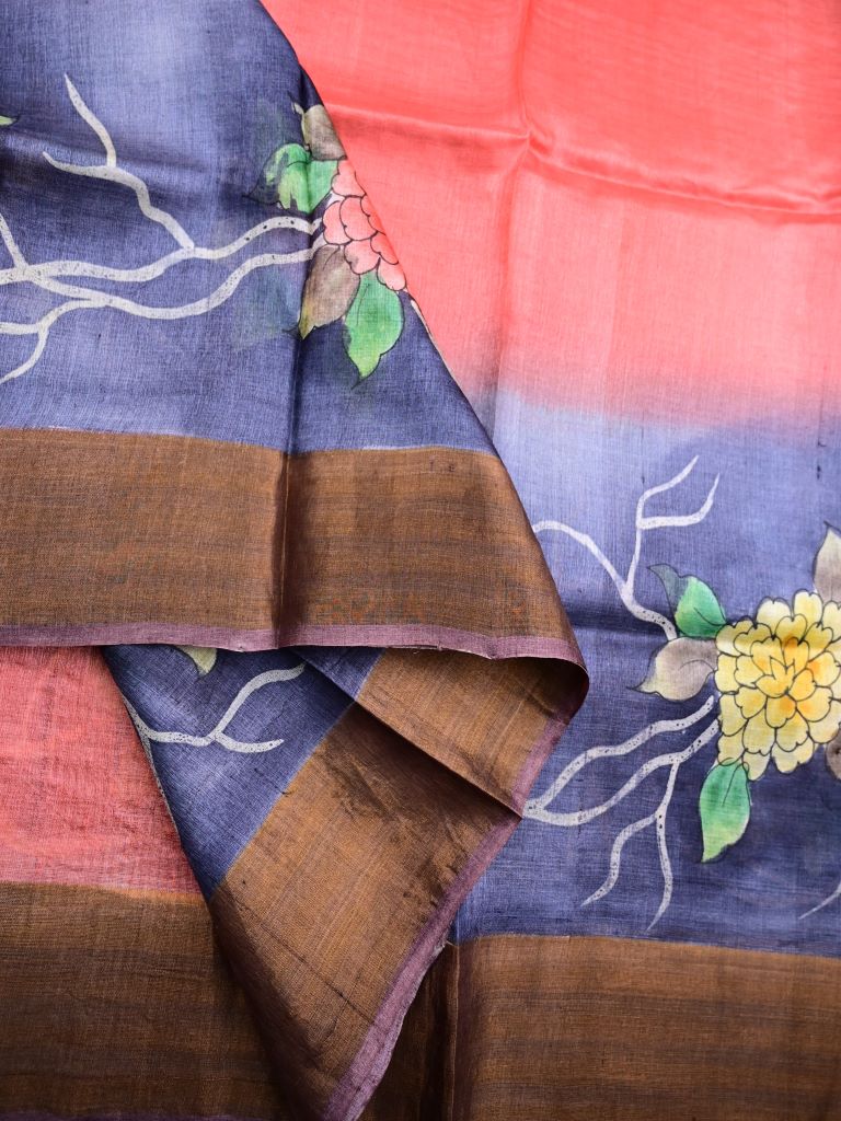 Pure tussar fancy saree blue and orange color allover prints & small kaddi border with printed pallu and plain blouse
