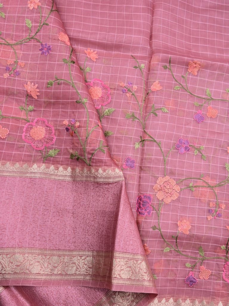Pure organza fancy saree rose pink color allover zari weaves & kaddi border with short pallu and attached plain blouse