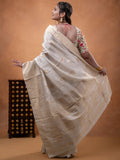 Dola tissue fancy saree white color allover zari motifs & zari border with rich pallu and plain self blouse