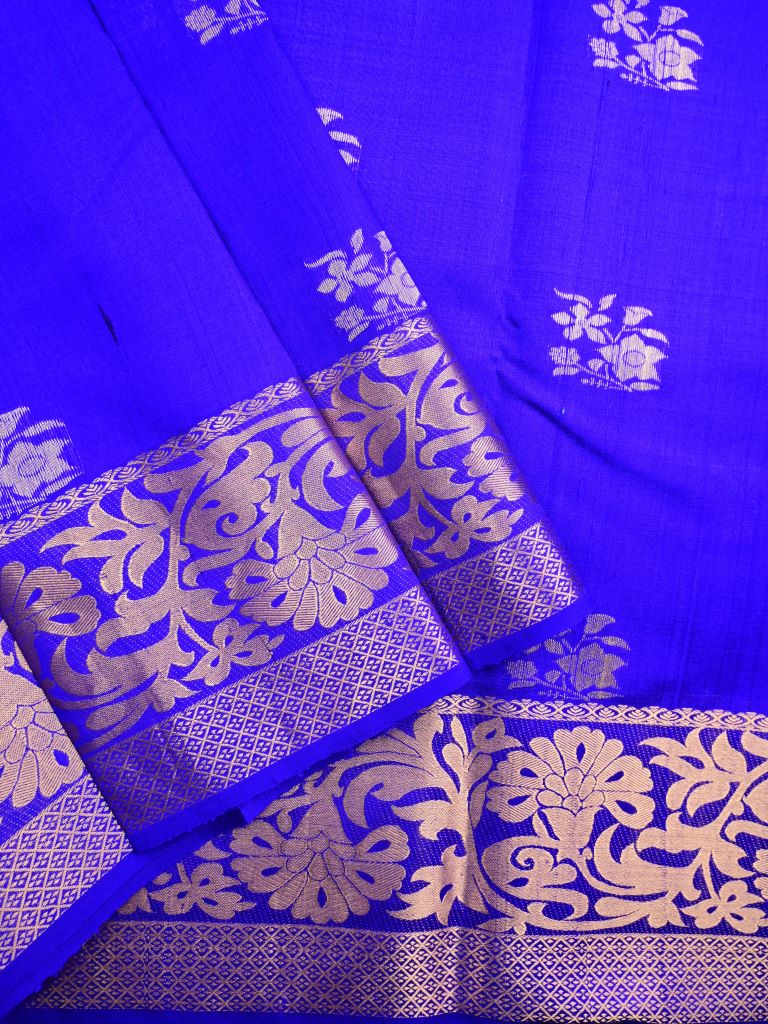 Raw silk pattu saree royal blue color allover zari weaves & zari border with rich pallu and plain contrast blouse