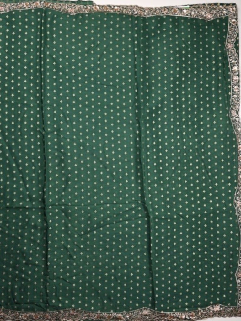 Chinnon fancy saree bottle green color allover zari motifs & small border with running pallu and blouse