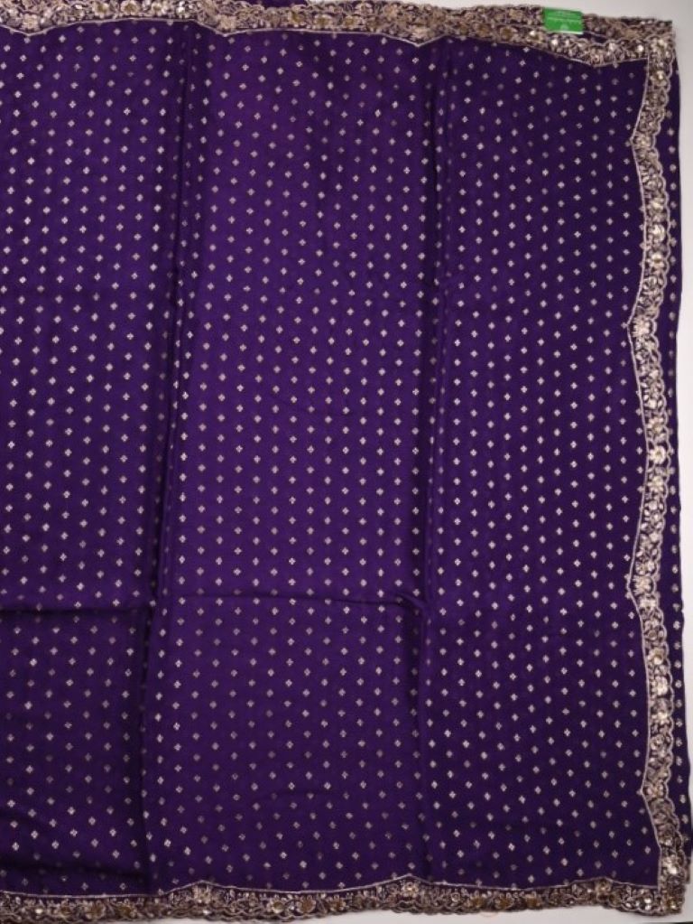 Chinnon fancy saree violet color allover zari motifs & small border with running pallu and blouse