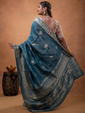 Dola tissue fancy saree light blue color allover zari motifs & zari border with rich pallu and plain self blouse