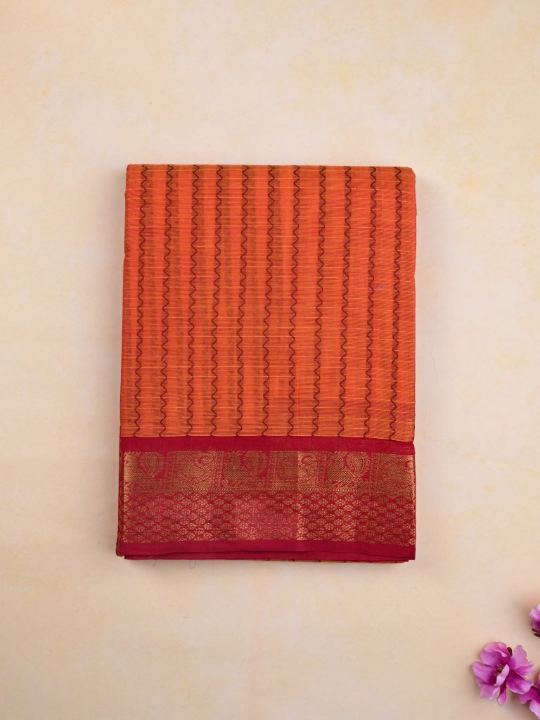 Kanchi cotton saree orange color allover stripes & zari border with zari pallu and plain blouse