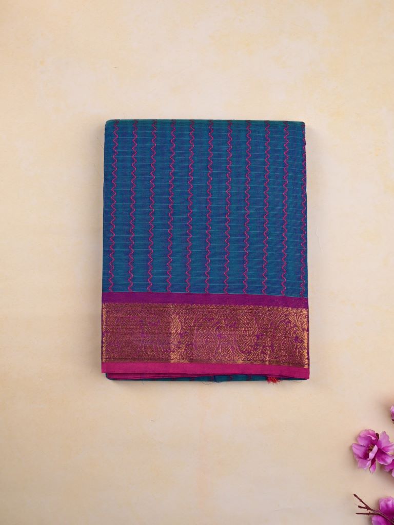 Kanchi cotton saree blue color allover stripes & zari border with zari pallu and plain blouse