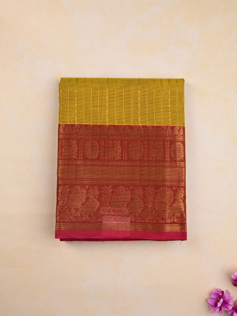 Kanchi cotton saree golden yellow color allover zari weaves & kanchi border with rich pallu and plain blouse