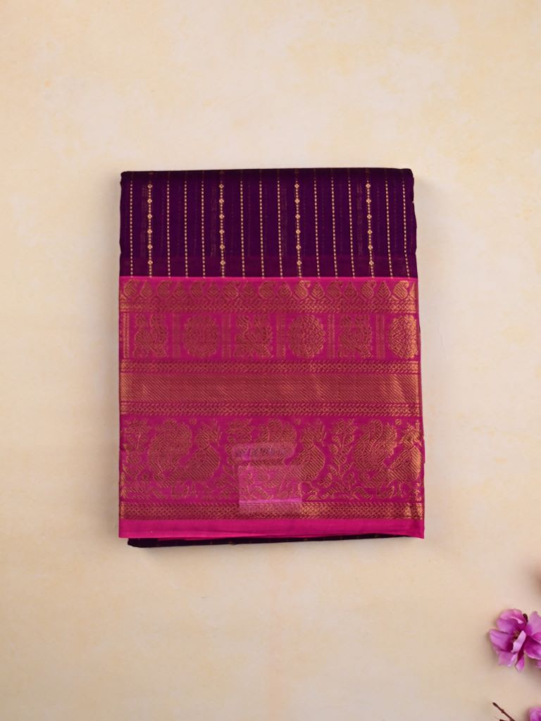 Kanchi cotton saree purple color allover zari weaves & kanchi border with rich pallu and plain blouse