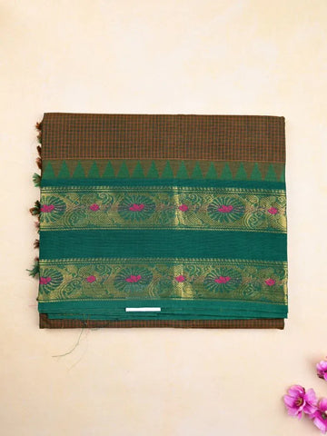 Kanchi cotton saree peanut brown color allover checks & temple zari border with striped pallu