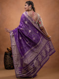 Dola tissue fancy saree purple color allover zari motifs & zari border with rich pallu and plain self blouse