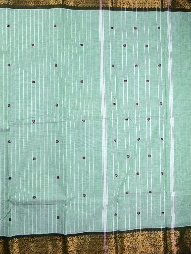 Kanchi cotton saree lux green color allover stripes and butis & zari border with self pallu and plain blouse