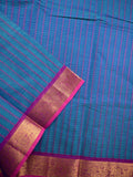 Kanchi cotton saree blue color allover stripes & zari border with zari pallu and plain blouse