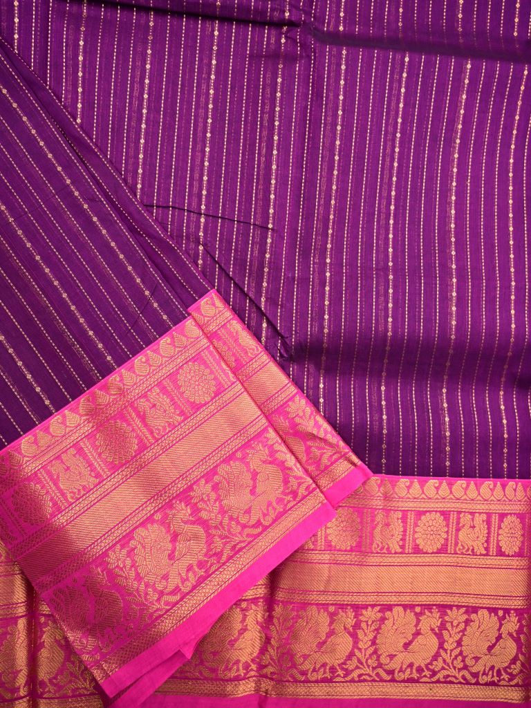 Kanchi cotton saree purple color allover zari weaves & kanchi border with rich pallu and plain blouse