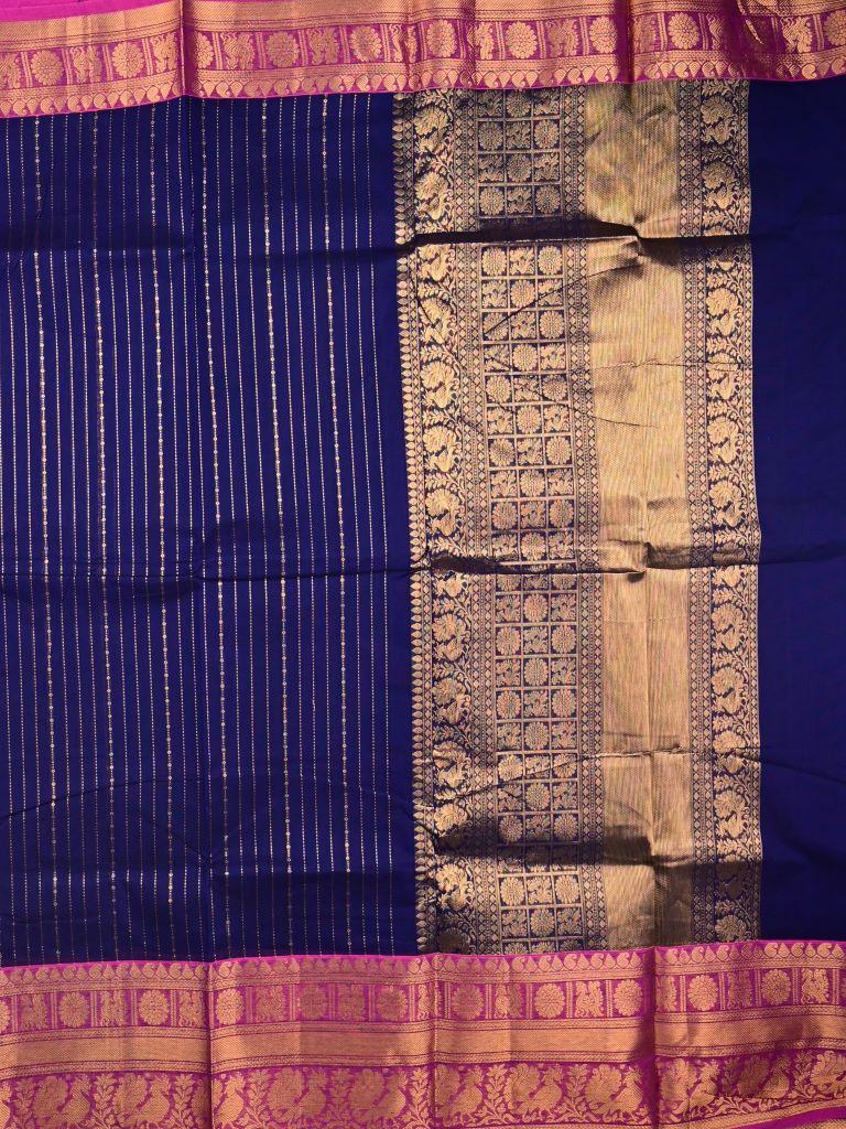 Kanchi cotton saree navy blue color allover zari weaves & kanchi border with rich pallu and plain blouse