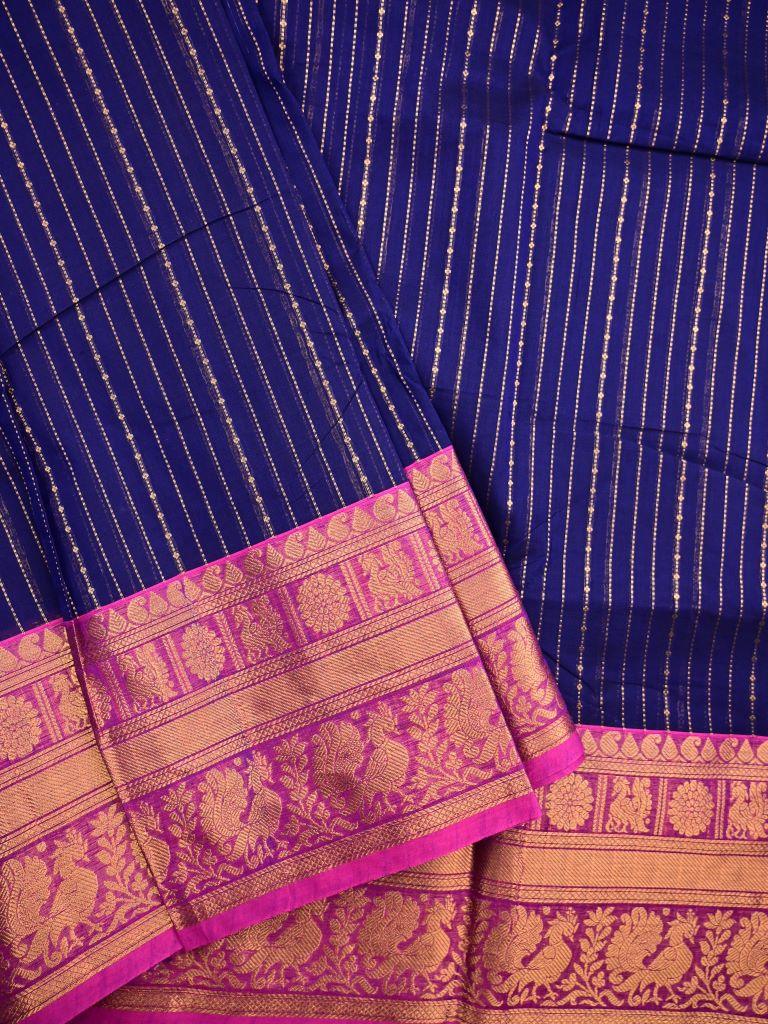 Kanchi cotton saree navy blue color allover zari weaves & kanchi border with rich pallu and plain blouse