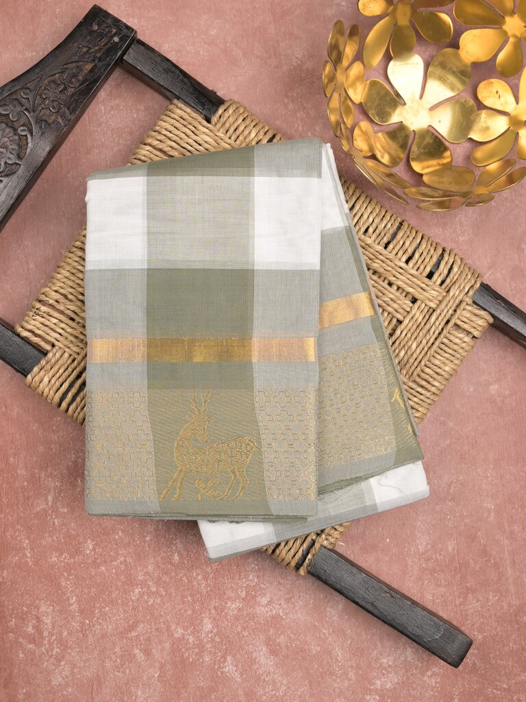 Village cotton saree white & grey color allover checks & contrast border with running pallu