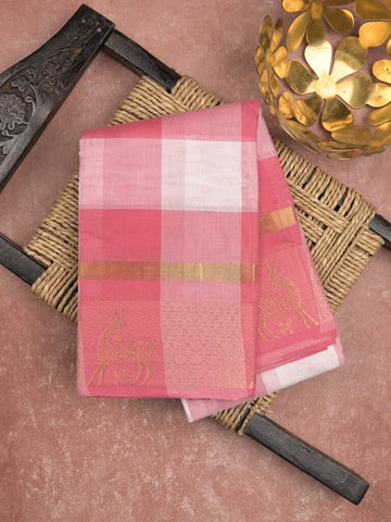 Village cotton saree white & pink color allover checks & contrast border with running pallu