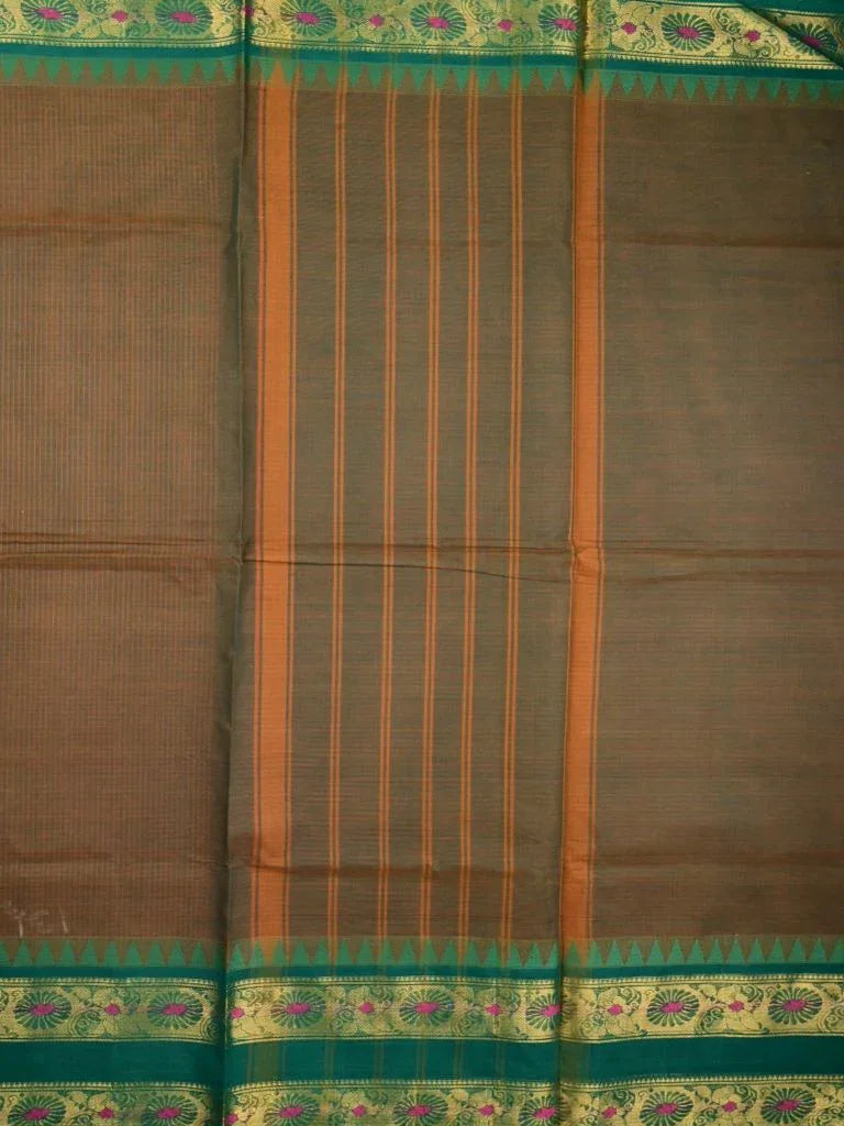 Kanchi cotton saree peanut brown color allover checks & temple zari border with striped pallu