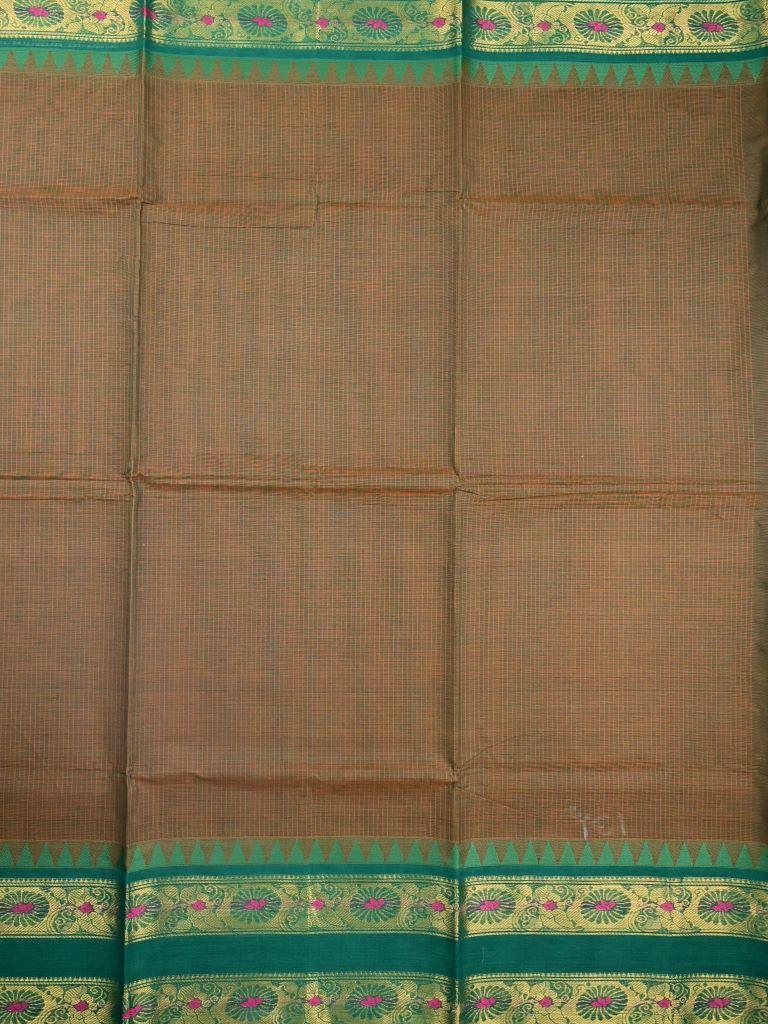 Kanchi cotton saree peanut brown color allover checks & temple zari border with striped pallu