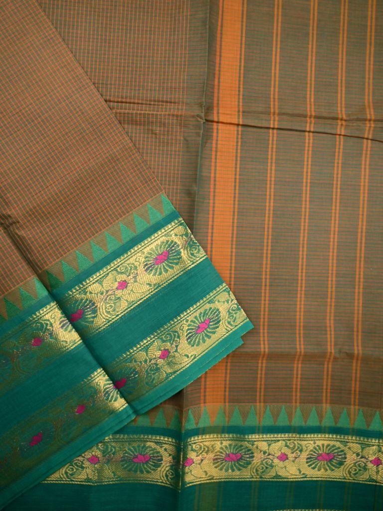 Kanchi cotton saree peanut brown color allover checks & temple zari border with striped pallu