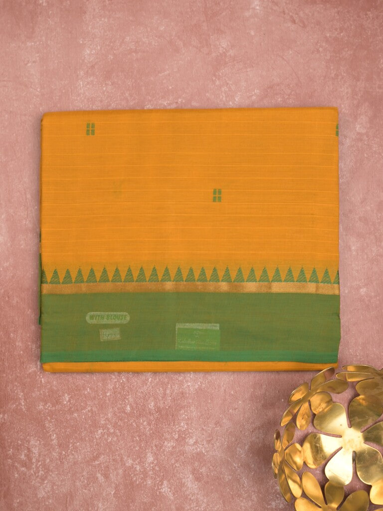Village cotton saree golden yellow color allover motifs & small kaddi border with self pallu and attached plain blouse